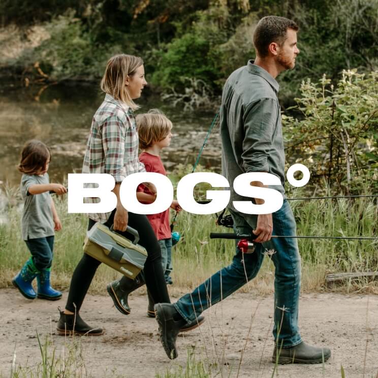 Image features a family walking by a body of water with fishing poles and a white Bogs logo.