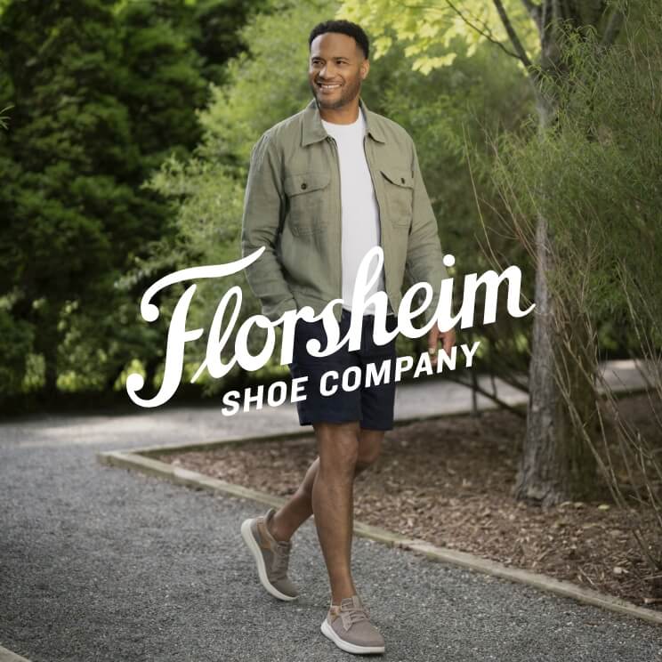 Image features a man walking on a gravel path in Florsheim sneakers and a white Florsheim logo.